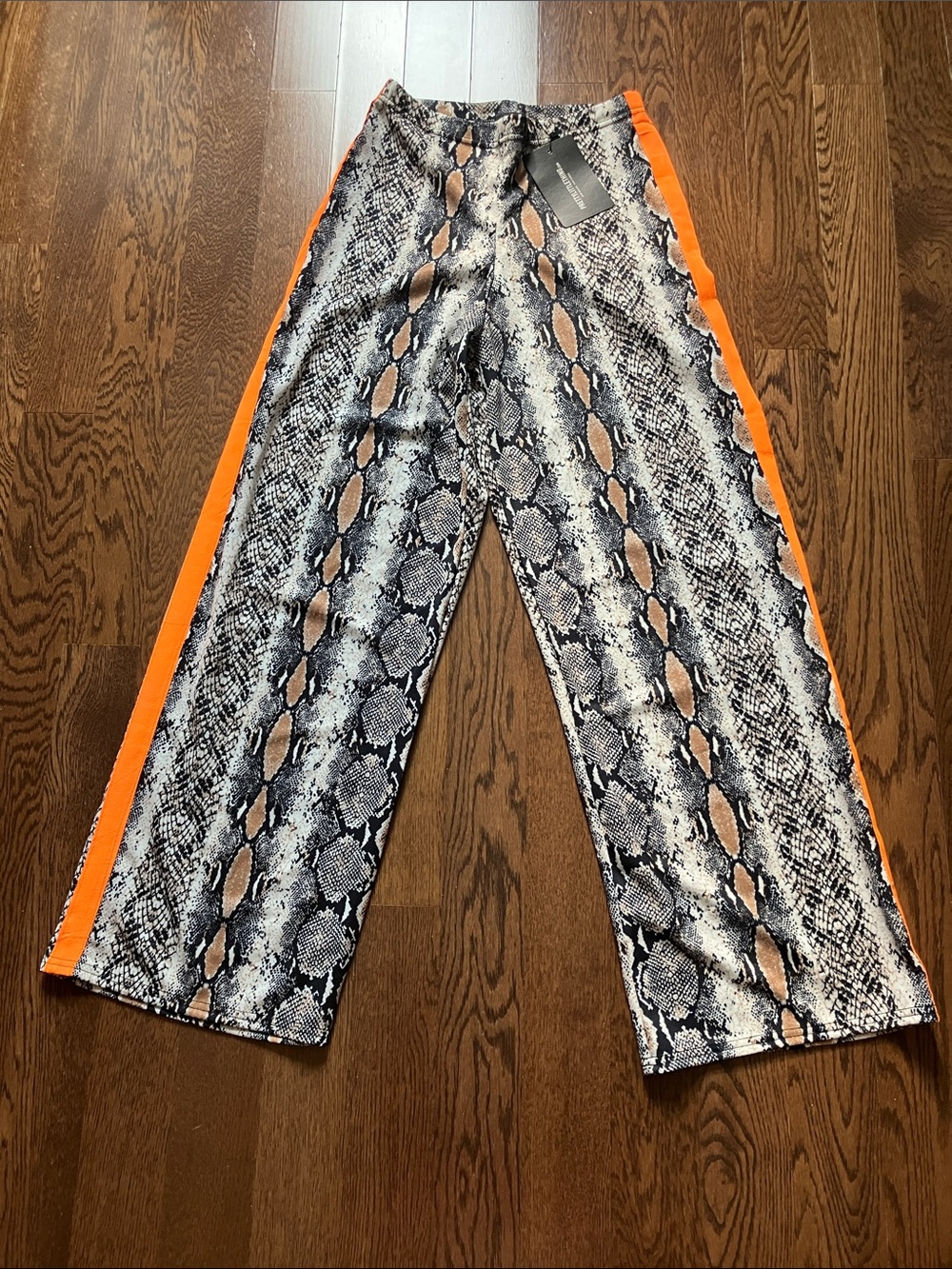 PrettyLittleThing Black Tan Snake Print Leggings with Orange Side Panels